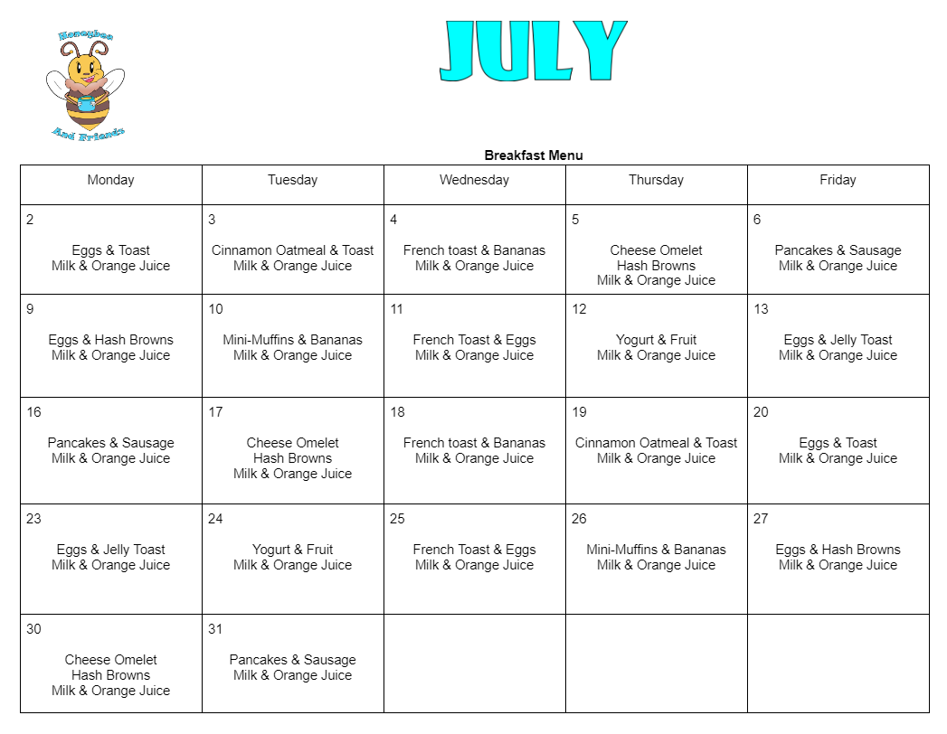 Daycare breakfast menu