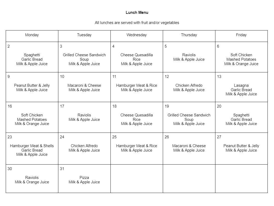 Daycare lunch menu