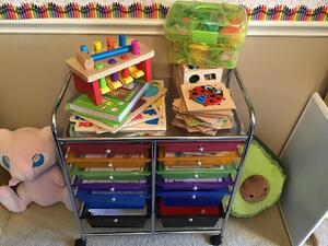 Image of a shelf with worksheets